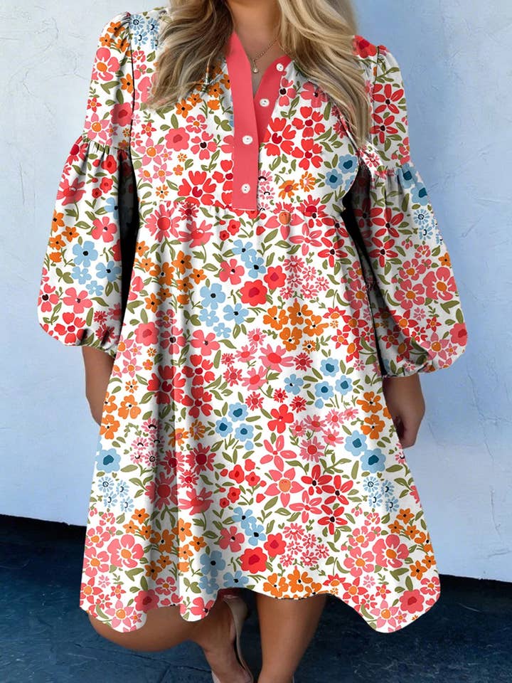 Suhkasana - Wholesale Dress – Women's - Khaki Plus Size Button V Neck Leopard Print Puff Sleeve Loose Mini Dress4