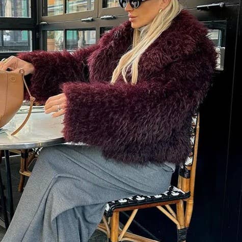 Burgundy Fuzzy Lapel Faux Fur Cropped Coat for wholesale on Faire