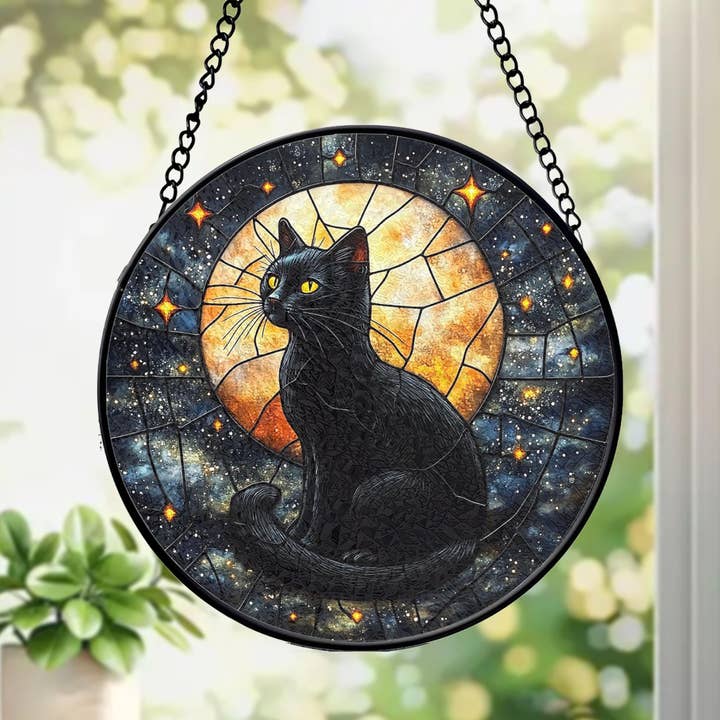 Black Cat Stained Glass Suncatcher, Gothic Witchy Cat Decor for wholesale by TMLECOM LTD