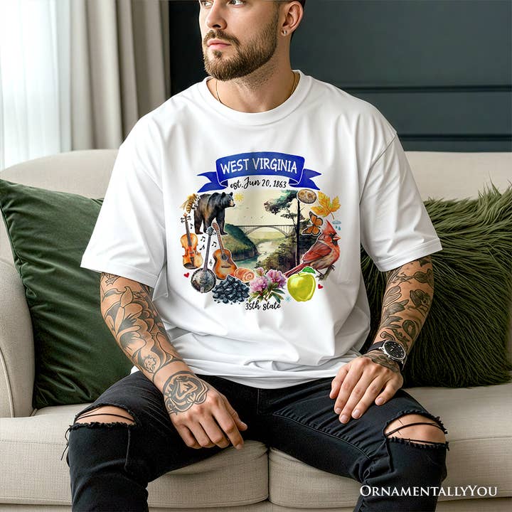 White Artistic West Virginia State Themes and Landmarks T-Shirt for wholesale on Faire4