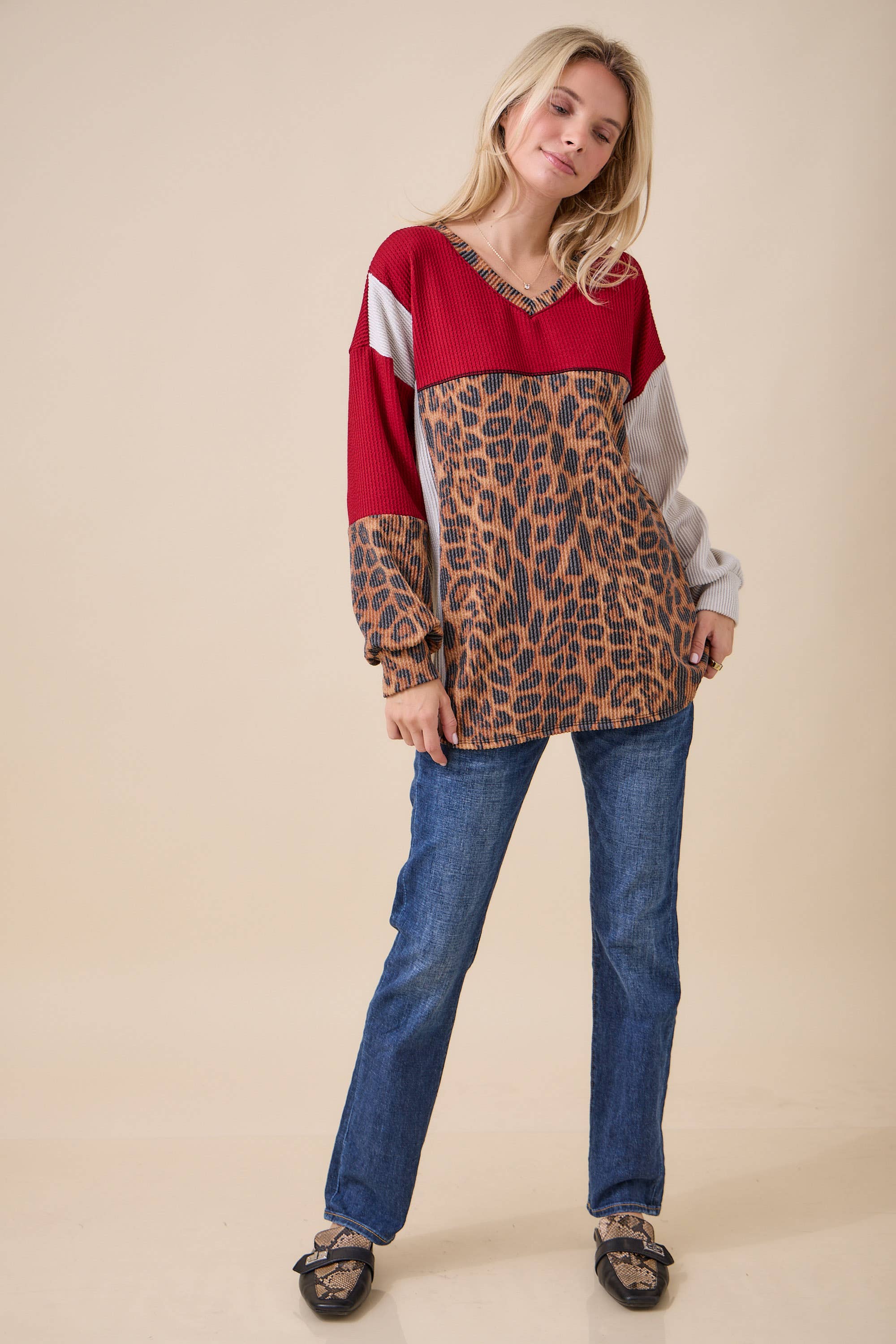 Celeste Clothing - Wholesale Knit Top - Women's - WOMEN'S RIB COLOR BLOCK ANIMAL PRINT LONG SLEEVE TOP28