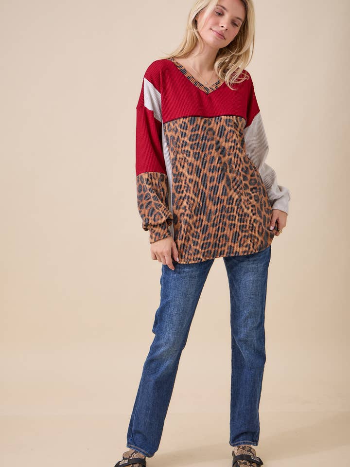 Celeste Clothing - Wholesale Knit Top - Women's - WOMEN'S RIB COLOR BLOCK ANIMAL PRINT LONG SLEEVE TOP28