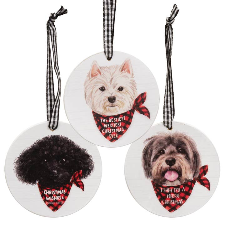 Doggy Christmas Wishes Round Ornament, 3 Assorted for wholesale by The Hearthside Collection