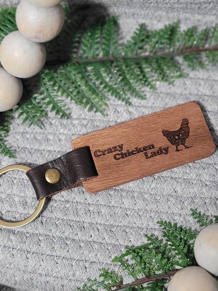 Wooden Crazy Chicken Lady keychain for wholesale by Jangles by Jan