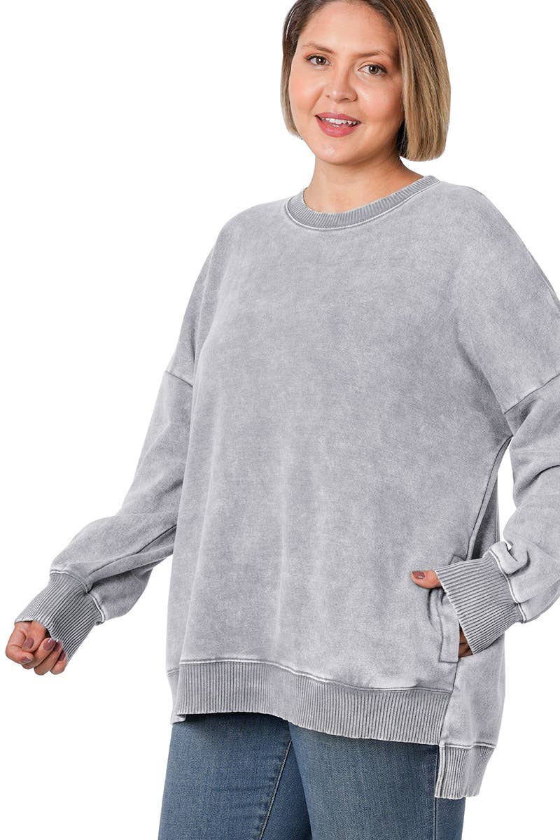 42POPS - Wholesale Sweatshirt - Women's - .Plus Acid Wash Fleece Hi Low Hem Pullover With Pockets3