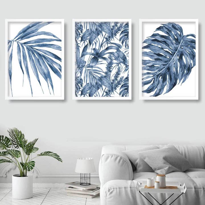 BOTANICAL Set of 3 Navy Blue Floral Art PRINTS for wholesale by Artze Wall Art