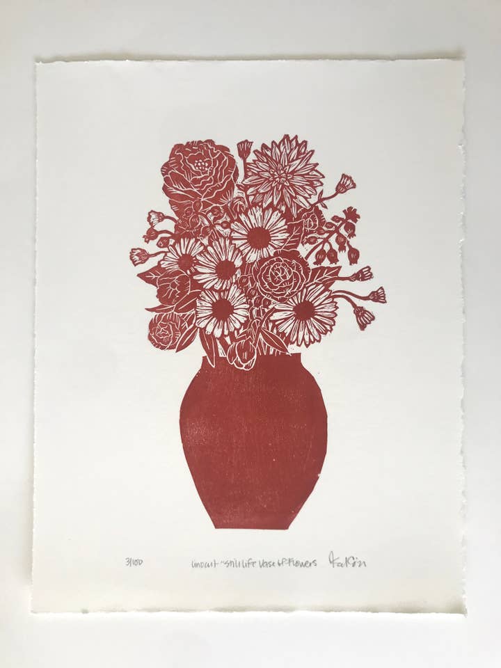 Vase of Flowers Hand Block Print for wholesale by Kelsi Cross Studios