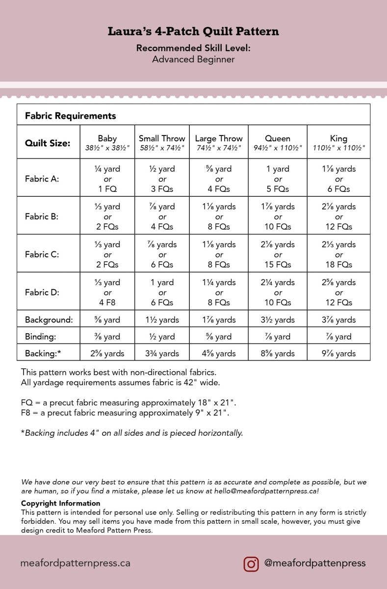 Meaford Pattern Press - Wholesale Craft Sewing Kit - Laura's 4-Patch Quilt Pattern - printed2