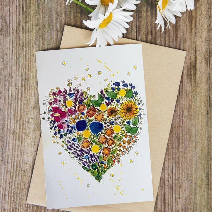 Flowery Heart Card x5 for wholesale by Badibidu Watercolours