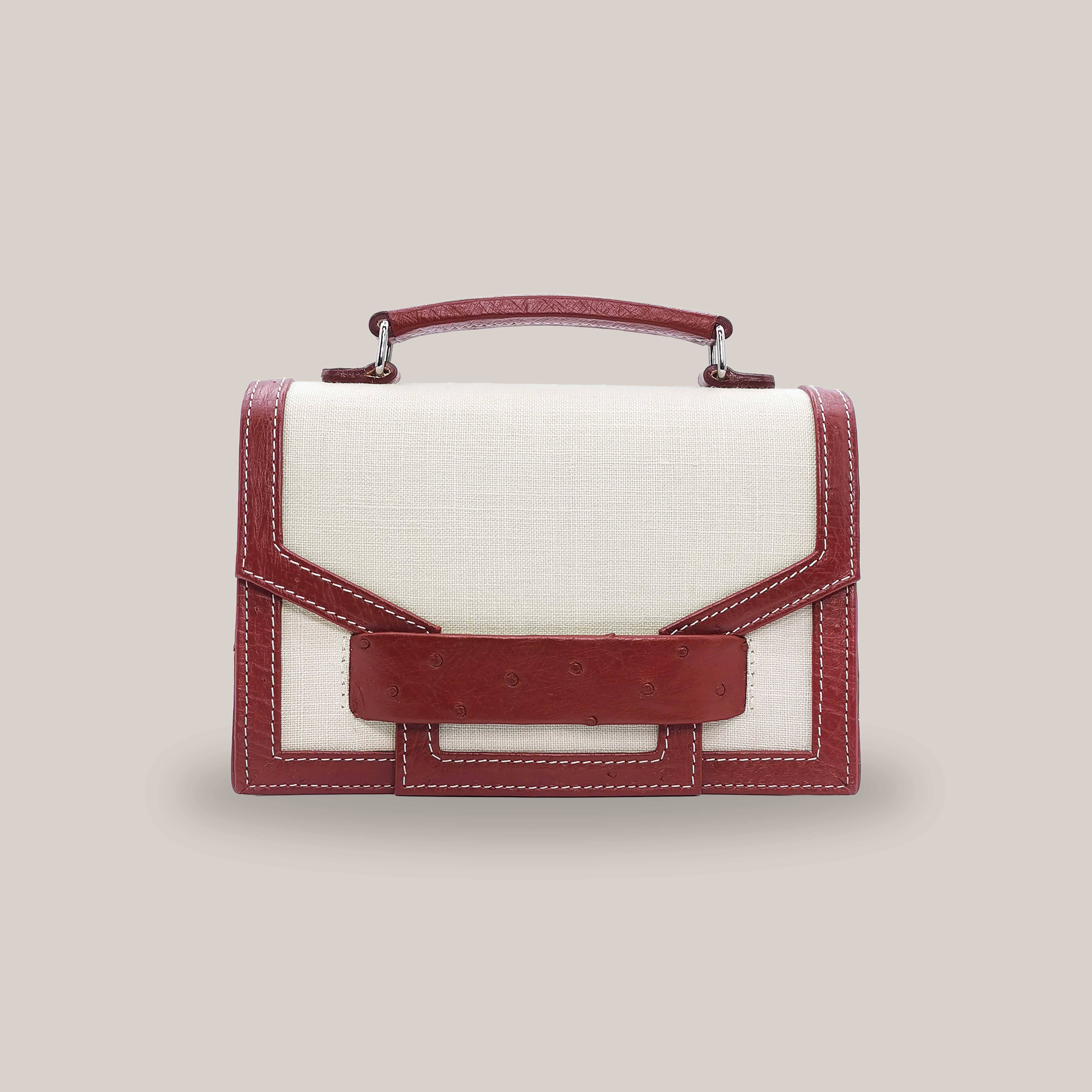bordeaux Alca Burgundy Ostrich Leather And Linen Flap Bag for wholesale on Faire9
