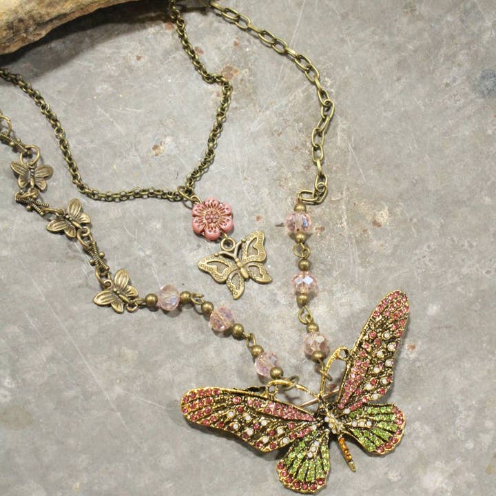 The Primitive Peddler, Inc. - Wholesale Pendant/Charm Necklace - Fly High Butterfly Bling Blushing Layered Necklace