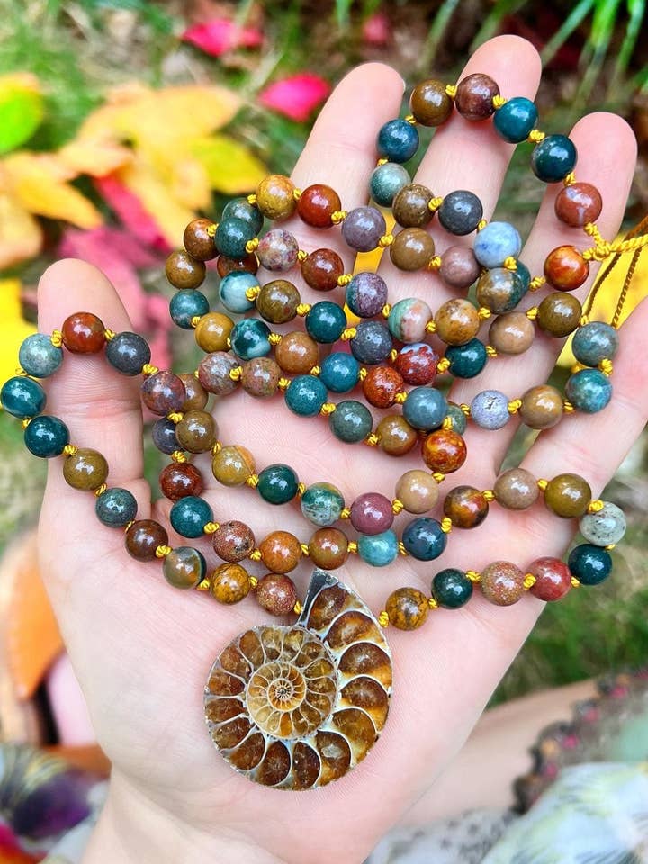 AMMONITE &INDIAN AGATE MALA // hand knotted silk 36'' (Copy) for wholesale by Wingostarrjewelry