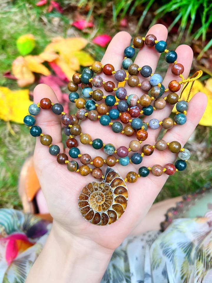 AMMONITE &INDIAN AGATE MALA // hand knotted silk 36'' (Copy) for wholesale by Wingostarrjewelry