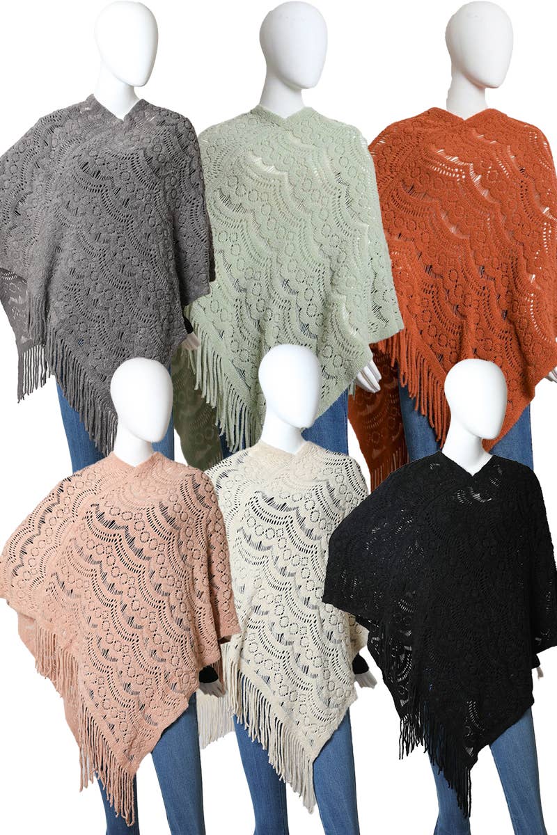 Leto Accessories – Poncho - Mulher por atacado – Poncho de renda tricotada com babados - Manta boho em várias cores1