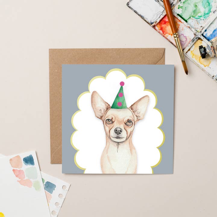 Chihuahua Party card with Gold Foil for wholesale by lil wabbit