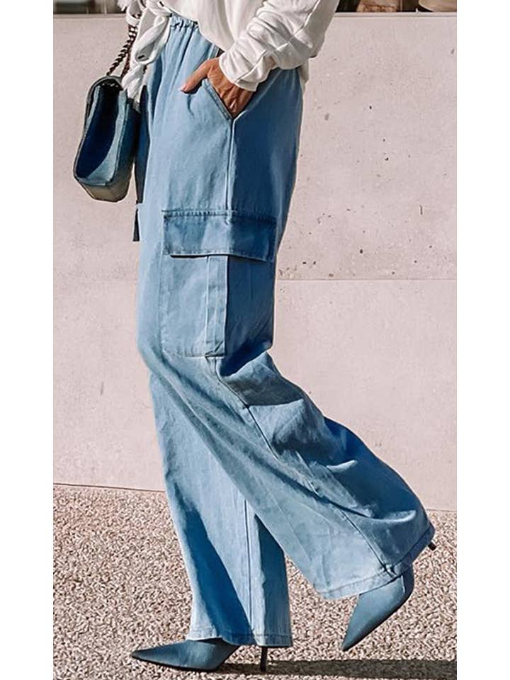 Blue Cargo Pocket Wide Leg Jeans for wholesale on Faire