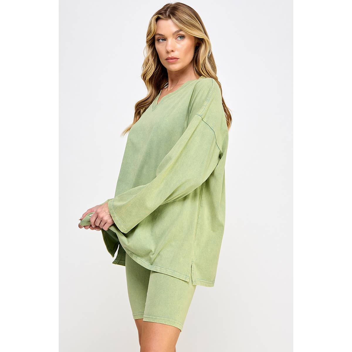 Sweet Generis - Wholesale Lounge Set - Women's - COTTON MINIERAL WASHED OVERSIZE TOP WITH CASUAL BIKER SHORT 28