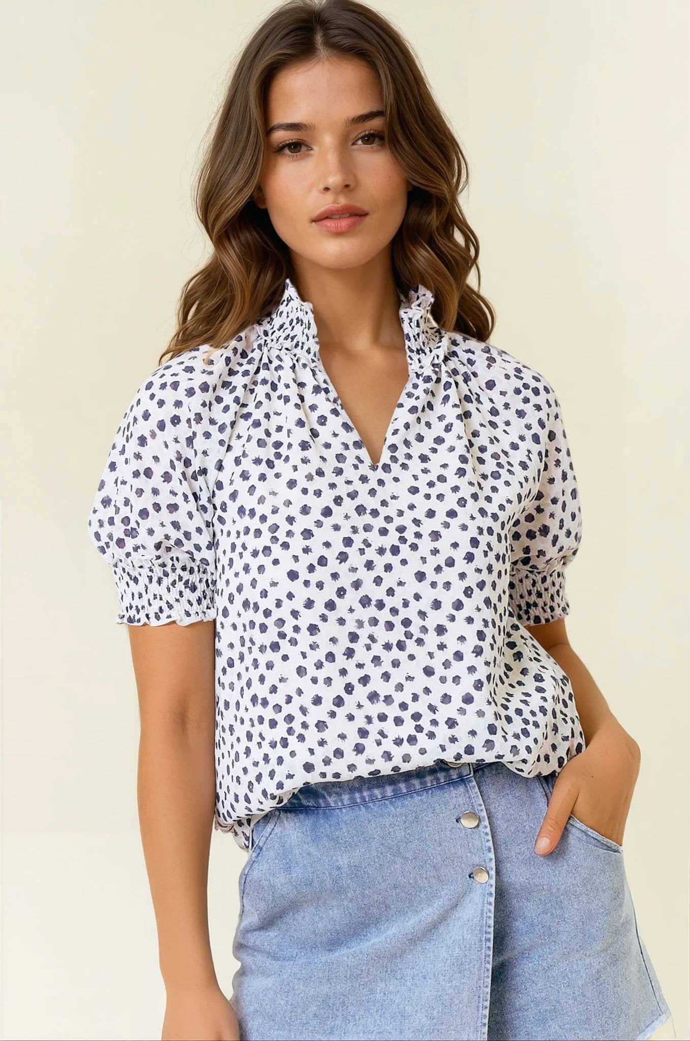 Black JACQUARD DOT PRINT SHORT SLEEVE BLOUSE - 44497T for wholesale on Faire1