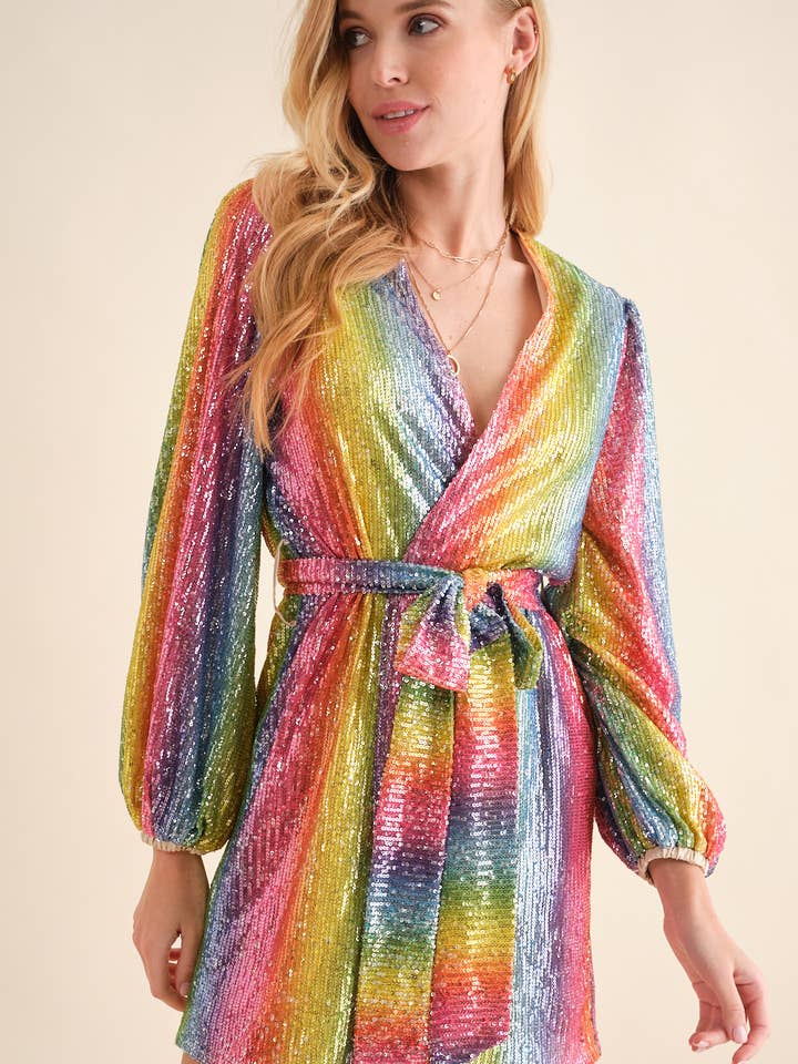 22708D - Rainbow Sequin Wrap Tie Puff Glamour Dress for wholesale by Blue B