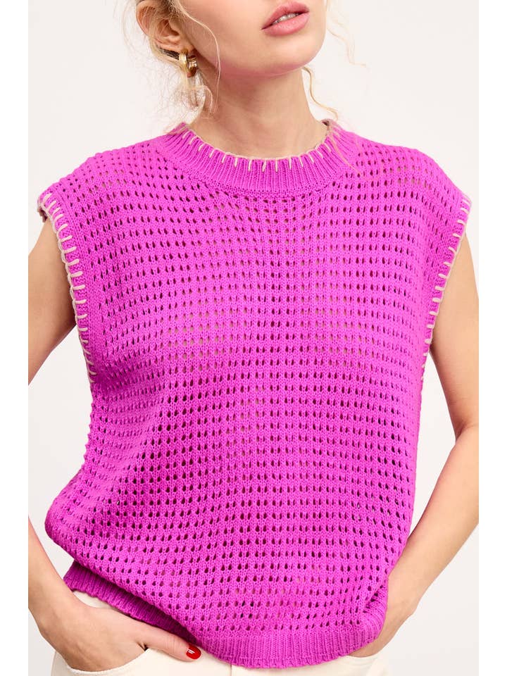 La Miel - Wholesale Sweater Vest - Women's - MDS3597-Crochet Knit Stitching Detailed Sleeveless Top
