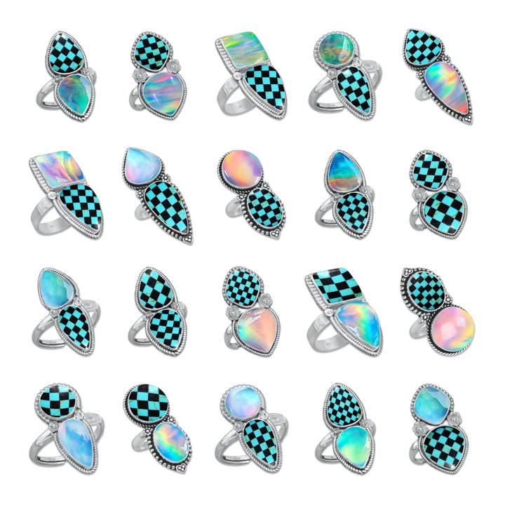 Aurora Opal + Checkerboard Turquoise Ringen – Verstelbaar, 925 Sterling Zilver, Handgemaakt Statement Design voor wholesale door Handmade Jewels