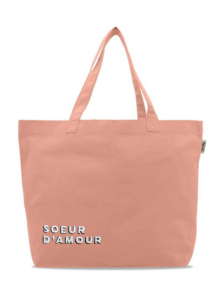 Embroidered shopping bag SISTER OF LOVE pink for wholesale by Family Impact Stories