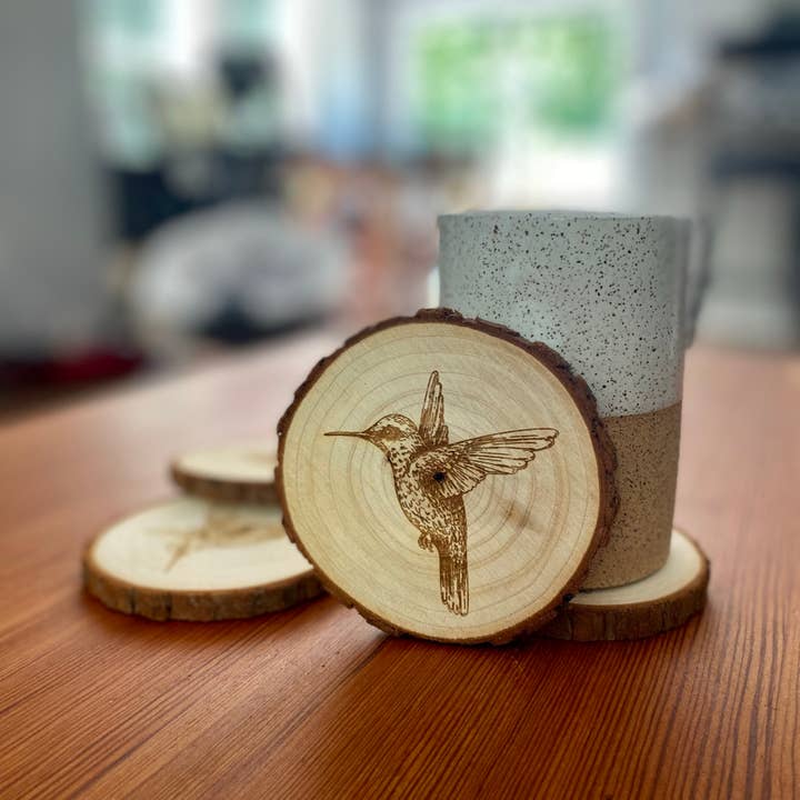 Munsell Made - Wholesale Coasters - Engraved Wood Hummingbird Coasters