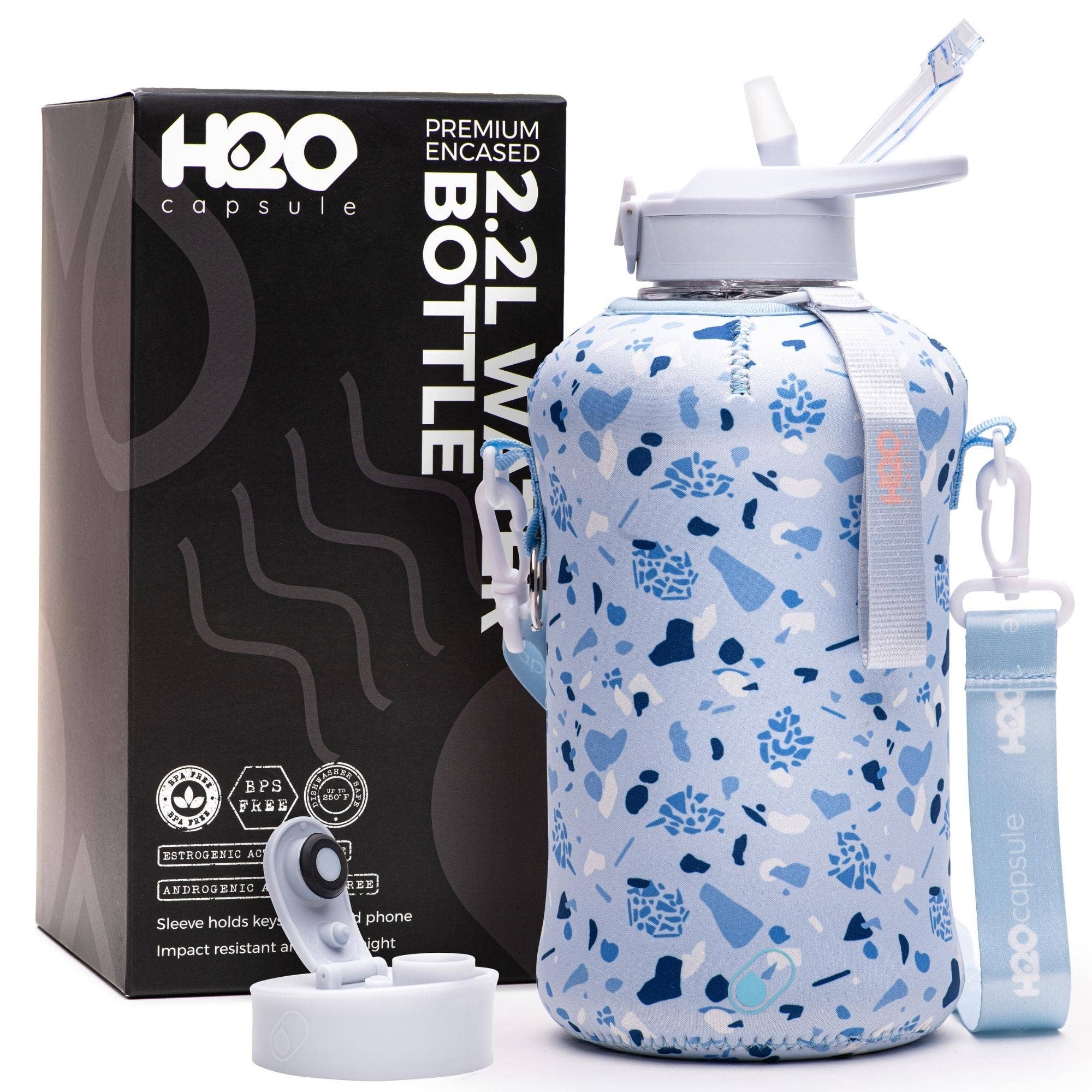 H2O Capsule 2.2L Half Gallon Water Bottle with Storage Sleeve and Covered Straw Lid – BPA Free Large Reusable Drink Container with Handle - Big