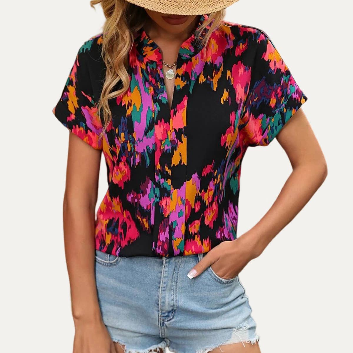 The Moment Collection – wholesale Buttoned-down shirt – Women's – Always Trendy Multi-Color Printed V-Neck Short Sleeve Top7