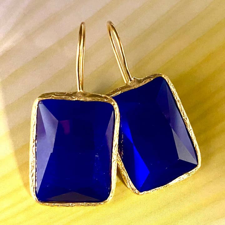 Earrings large cat eye stone cobalt rectangular for wholesale by Chic Le Freak