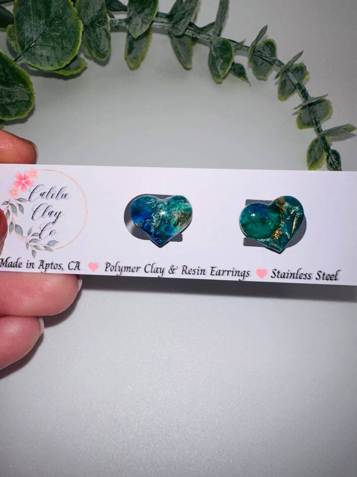 Ocean Marbled Heart Studs for wholesale by CaliLu Clay Co.