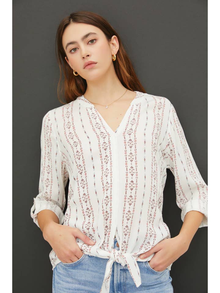 Be Cool - Wholesale Blouse - Women's - PRINT V-NECK MANDARIN COLLAR SHIRT