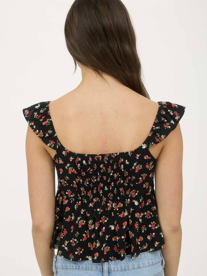 Blu Pepper - Wholesale Blouse - Women's - FLORAL CLIP DOT FRONT TIE WITH CUT-OUT CROP TOP