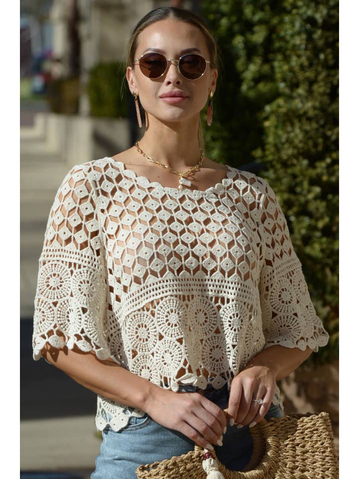ESLEY - Wholesale Blouse - Women's - 54477TQLY- Lace Cutout Round Neck Half Sleeves Top