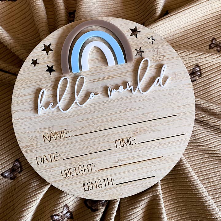 Rainbow neutral and blue round writeable birth announceme for wholesale by Penny and Co Collections