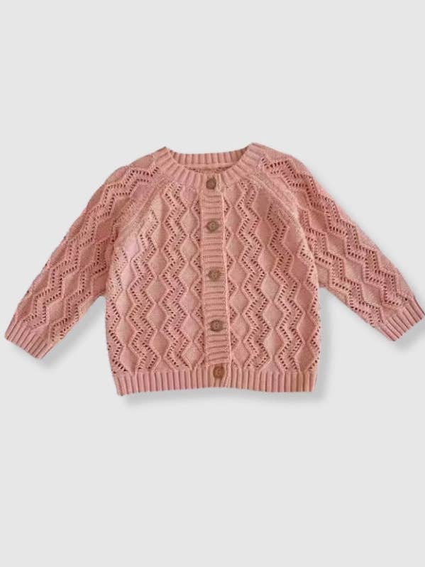 100% Cotton Knit Sweater Cardigan with Zig Zag Detail - Pink for wholesale by Bleu & Co