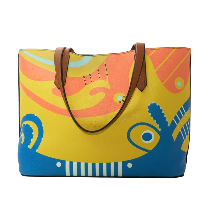 "Blue & Mustard" Vegan Leather Tote Bag for wholesale by Haleh.J Collection