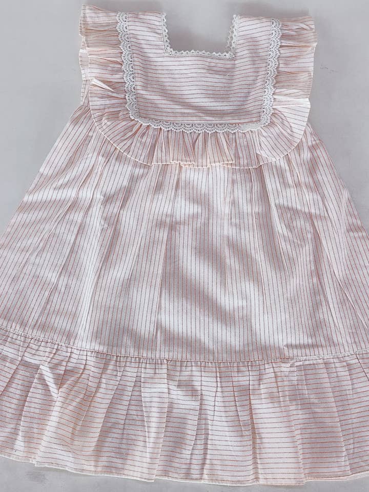 Peach Stripes Square Neck Ruffle Dress for wholesale by Yo Baby