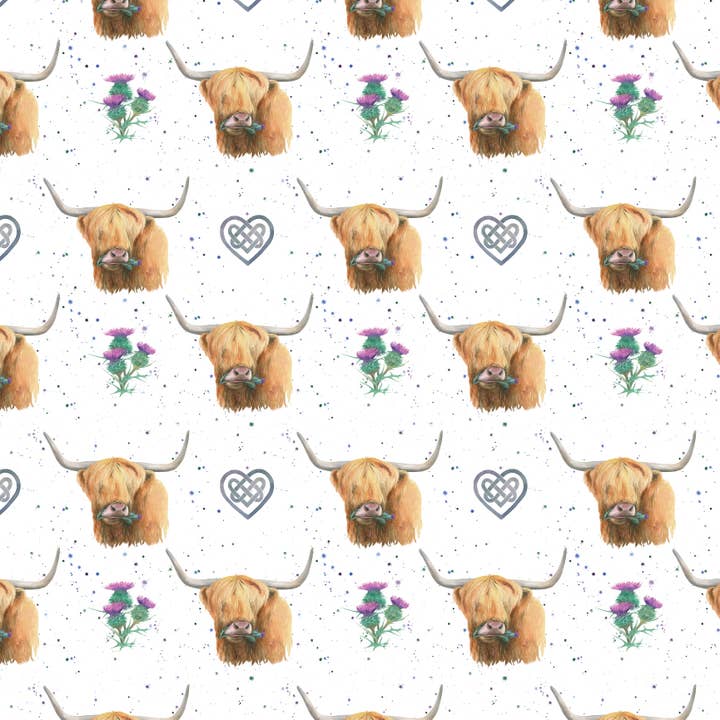 Vache Highland - chardon et motifs de nœuds celtiques — papier cadeau et étiquettes pour la vente par The Arty Penguin