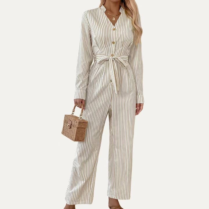 Beige Positivt randigt tryck med skårad hals långärmad jumpsuit för wholesale på Faire
