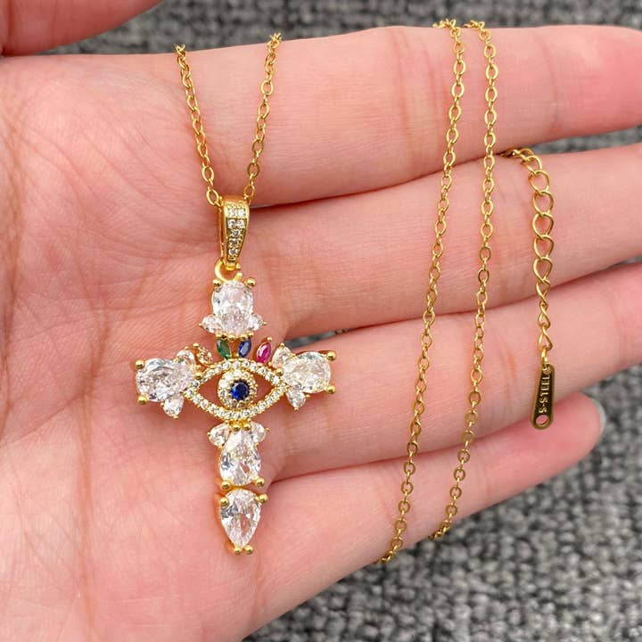 Mio Queena - Wholesale Pendant/Charm Necklace - Multi Style Rhinestone & CZ Cross Charm Golden Necklace
