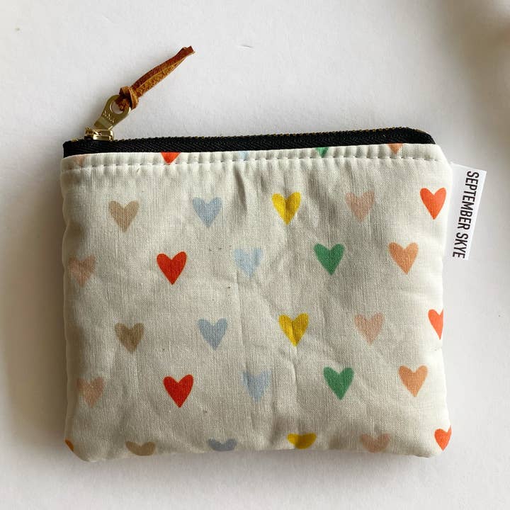 Small square pouch in rainbow hearts - valentines gift for wholesale by September Skye Bags & Accessories