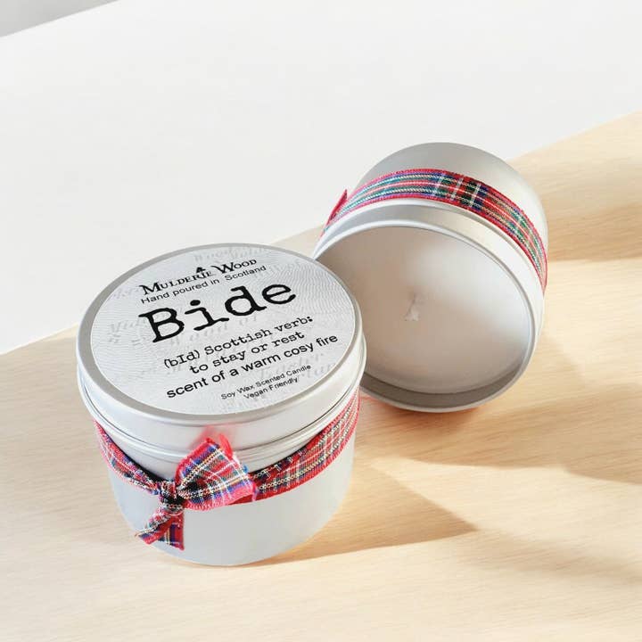 Bide (Stay) Scottish Scots Warm Cosy Fire Scented Candle for wholesale by Mulderie Wood
