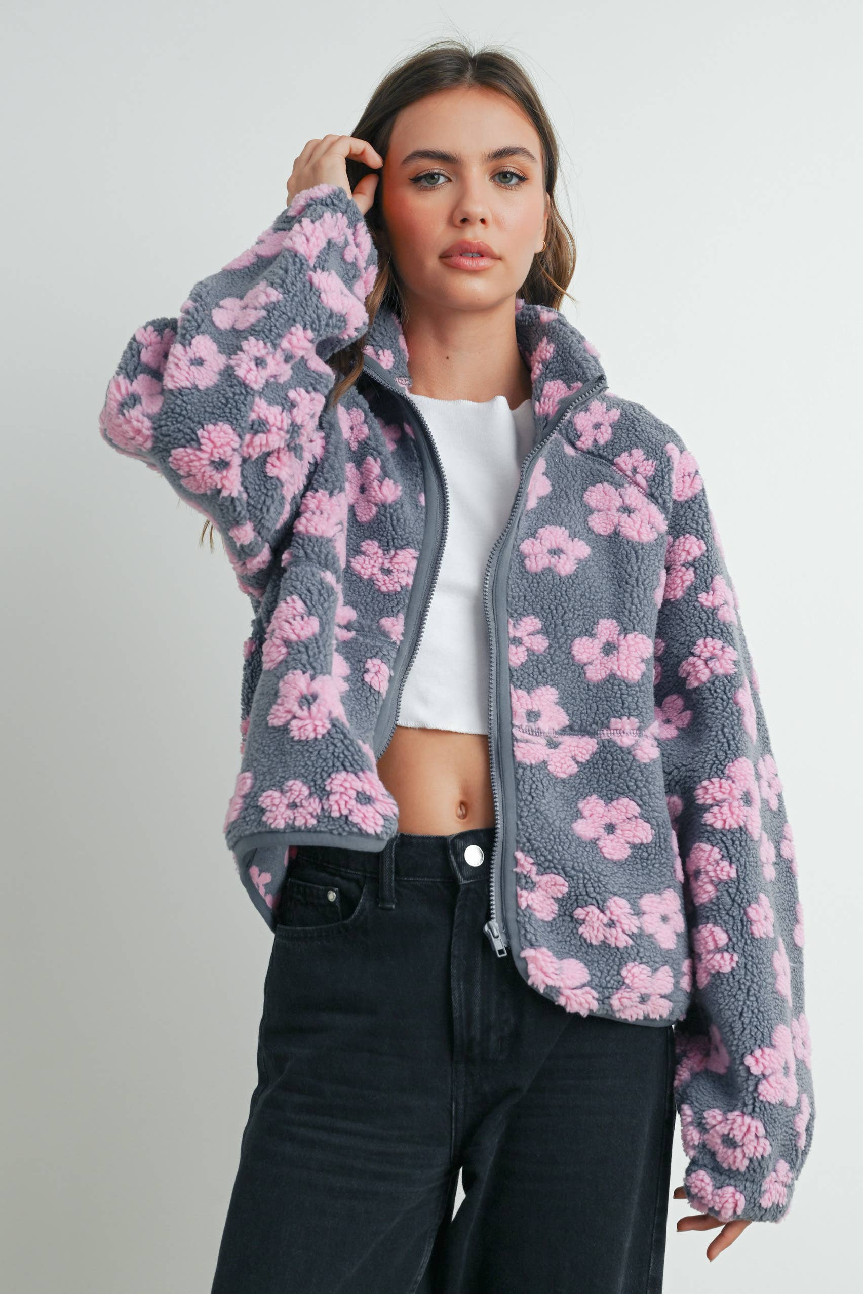BUTTERMELON - Wholesale Fleece - Women's - Fall Daisy Flower Pattern Fleece Sherpa - BMJ70087
