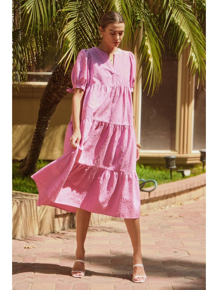 Oddi - Wholesale Dress - Women's - Textured Gingham Babydoll Midi Dress
