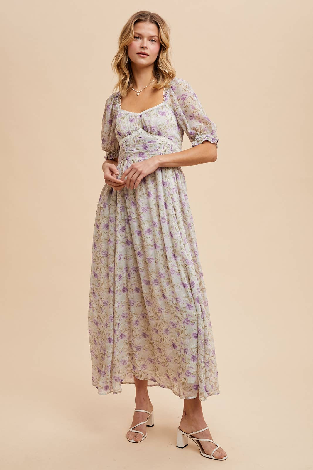 LAVENDER FLORAL SMOCKED SWEETHEART DRESS for wholesale on Faire2