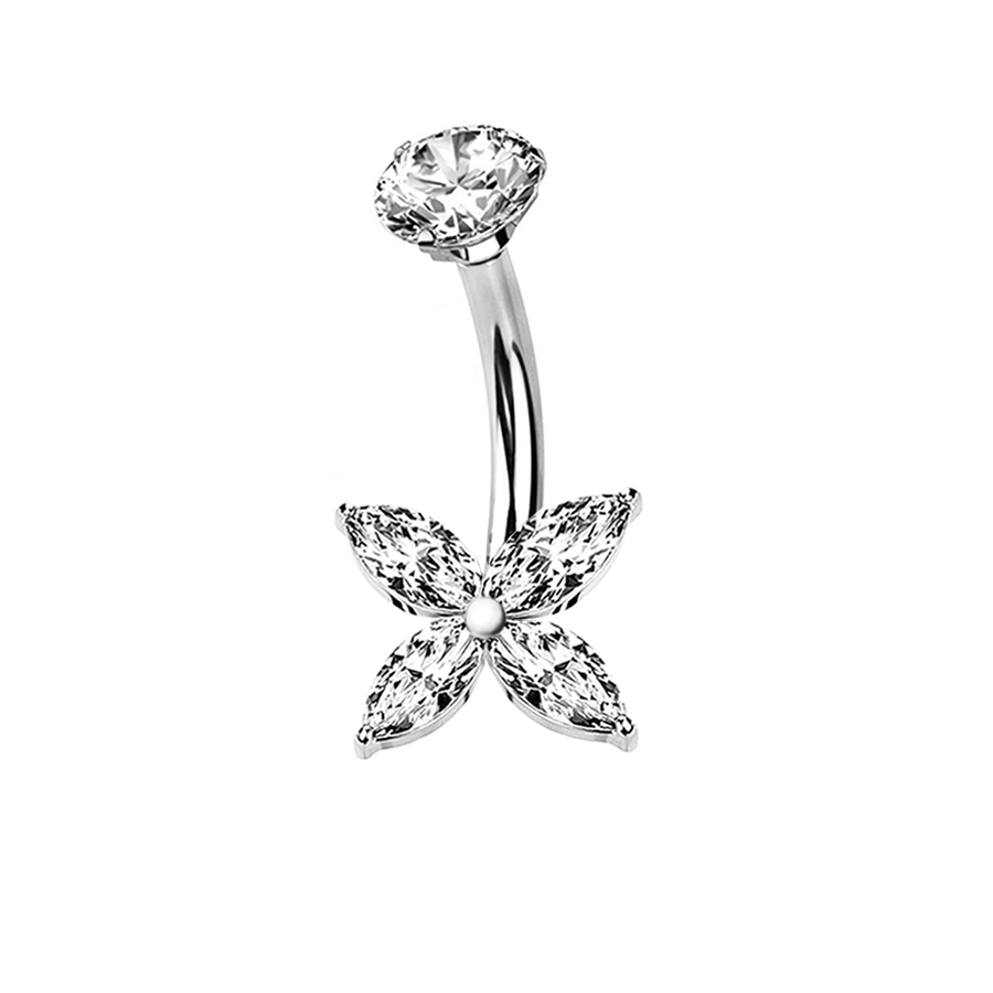 AMORINO SRL - Wholesale Belly Ring - BANANA PIERCING WITH ZIRCONIA FOUR PETALS - JQ1200B0860