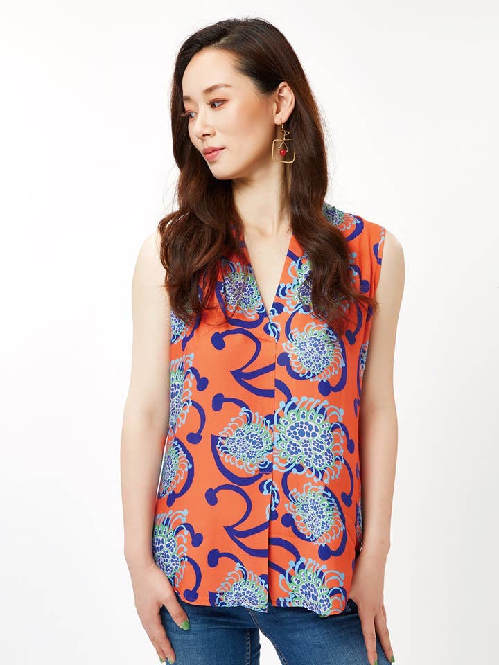 Koraal/blauwe Alien Flowers mouwloze blouse voor wholesale door cukimber