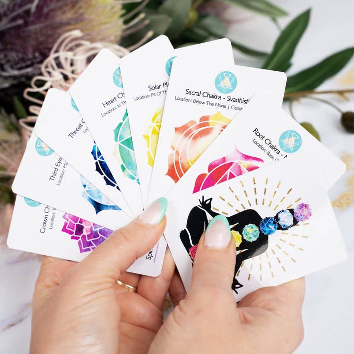 Chakra Card Set With 8 Cards and 7 Crystal Set White Box for wholesale on Faire1