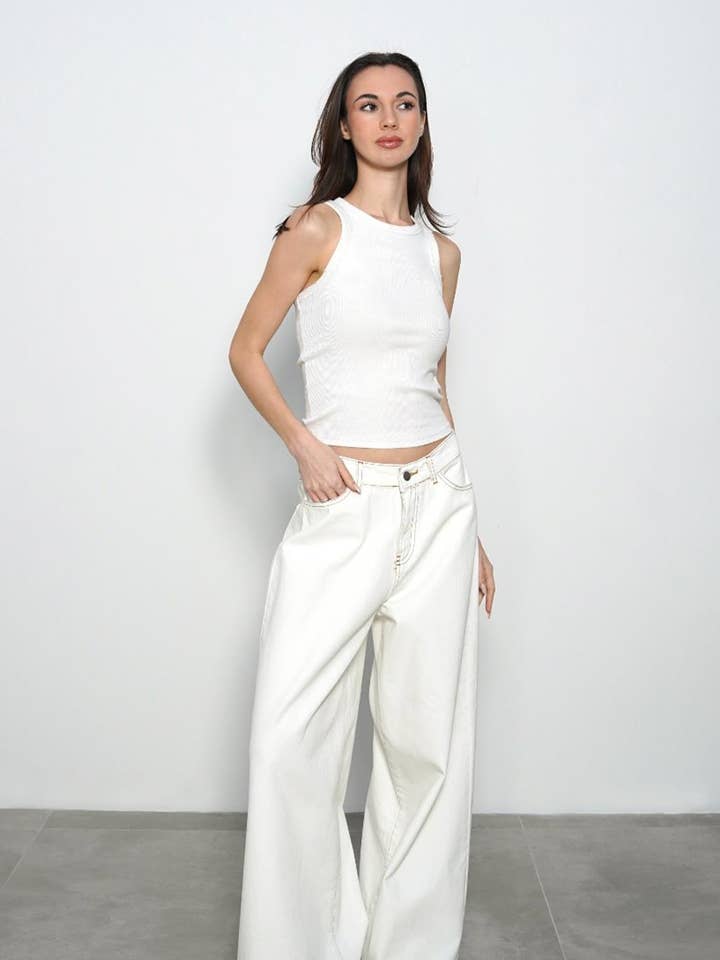 Losvallende Spijkerbroek Ecru voor wholesale door Kadriye Baştürk